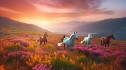 Herd of horses runs among mountains flowers fields sunlight background, group of horses among blooming meadow on hills, broodmare wild horses runs on beautiful sunny hills, generative AI - obrazy, fototapety, plakaty