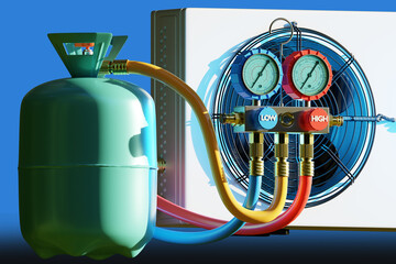 Air conditioner. Freon gas bottle. Process of refueling conditioning equipment. Fragment of air conditioner block on blue. Freon pressure sensors in air conditioner. Ozone, refrigerant. 3d image
