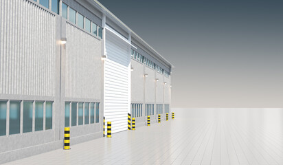 Factory building. Hangar for industrial zone. Exterior factory premises. Buildings with large gates...