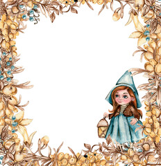 Watercolor autumn square frame with sea buckthorn llustration of autumn for scrapbooking, nvitation, osters, reetings cards, party decoration,wedding stationary, greetings, fashion,posters, ackground.