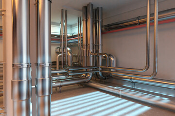 Production room. Basement with steel pipes. Plumbing system in building. Room with engineering communications. Factory basement with pipes. Pipeline from boiler equipment. Gas pipes. 3d image