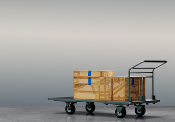 Cart with boxes. Cargo trolley for warehouse work. Old parcels are wrapped with tape. Cargo trolley near gray wall. Warehouse equipment. Trolley for transportation of goods. 3d image