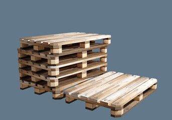 Warehouse pallets. Europallets for storage of goods. Pallets isolated on grey. Wooden pallets for cargo transportation. Three-dimensional europallets. Tray for logistics processes. 3d image