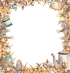 Watercolor autumn square frame with sea buckthorn llustration of autumn for scrapbooking, nvitation, osters, reetings cards, party decoration,wedding stationary, greetings, fashion,posters, ackground.