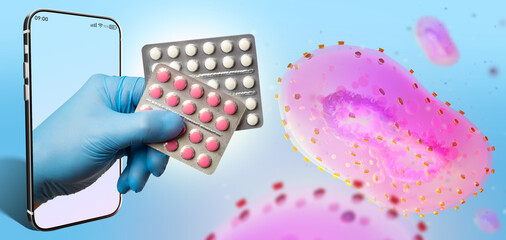 Hand with pills. Antiviral antibiotics. Blisters with medicine against disease. Vitamins for treatment of diseases. Antibiotics on smartphone screen. Pills to fight infection. Medicine, healthcare