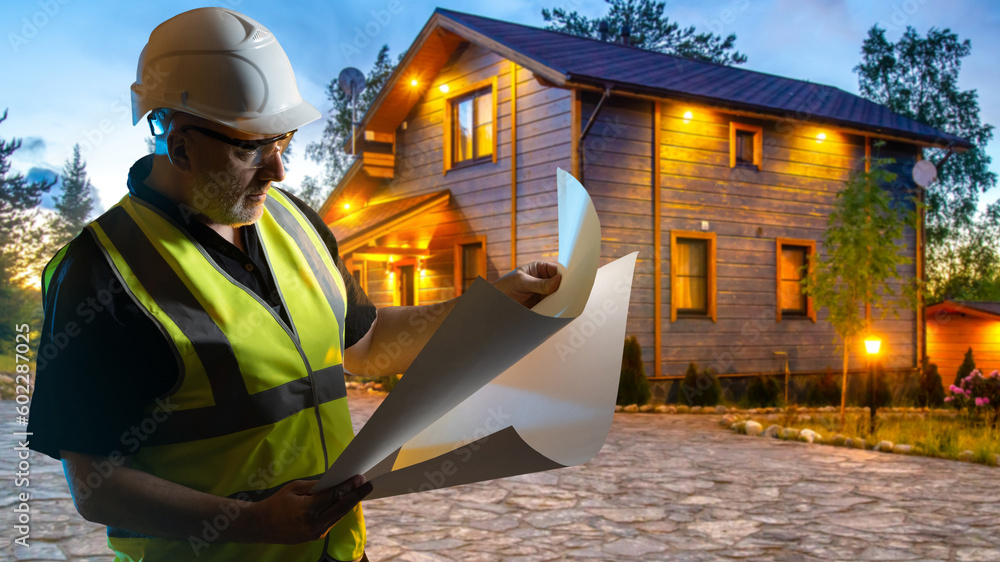 Poster man architect. builder near country house. design engineer with construction documentation. architec