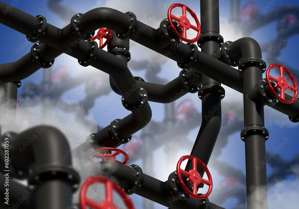 Poster production background. pipes with pressure valves. steam around pipeline. background with tangled pi