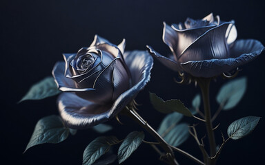 Silver Roses on Black Background Created with AI Generation Tools