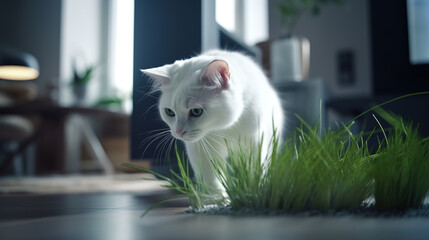 white cat eating cat grass in modern interior. Generative AI