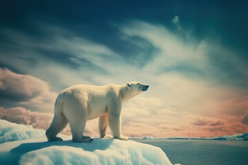Polar bear on ice floe. Melting iceberg and global warming. Generative AI
