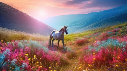 Horse runs among mountains flowers fields sunlight background, full body horse among blooming meadow on hills, broodmare wild horse in beautiful sunny hills, generative AI - obrazy, fototapety, plakaty