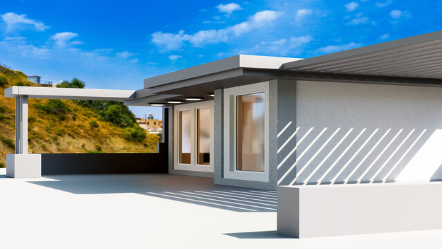 Modern house. Cottage on hill. Stylish country villa. One-story house with panoramic windows. Concrete building at foot of hill. Stylish holiday villa. House with terrace. 3d image