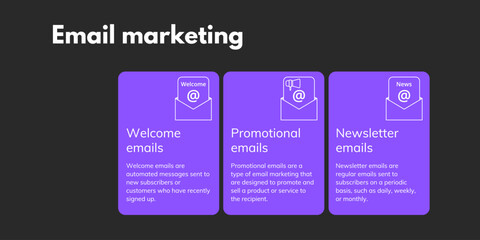 Email Marketing Banner on Dark Background. Stylish Marketing Banner with White Text and Icons for Business and Marketing