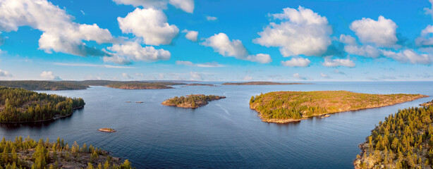 Lake in Karelia. Russia. Lake Ladoga at dawn. Nature regions of Russia. Skers of Lake Ladoga. Tourism Russia. Landscapes of Northern Nature. Rocky coast of Ladoga. Guide to Karelia. Russian north