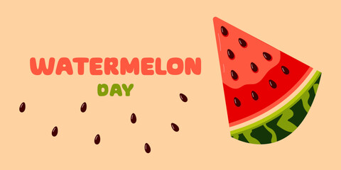 Slice of watermelon with seeds summer background. Horizontal template for banner, poster, flyer. The concept of the holiday. Vector illustration.