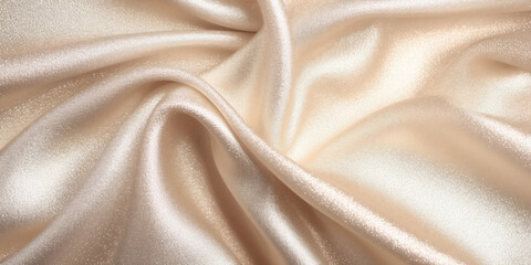 Beige silk glitter luxury fabric background, macro close up, copy space. Wave, textured. AI Generated