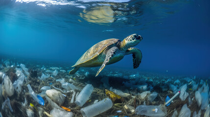 Sea turtle swimming among a lot of plastic trash in the ocean. Generative AI