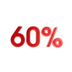 60 percent. Red sixty percent sign isolated on a white background. 3d rendering.