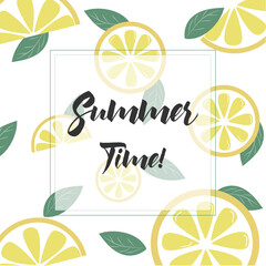 Summer greeting vector banner design. Summer greeting text with tropical fruits like lemon and lime. Vector illustration.