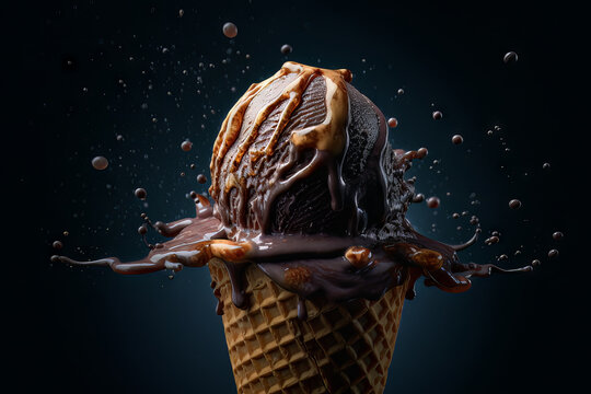 Chocolate ice cream against a dark background. The dessert, delicious and creamy, homemade treat, perfect for a hot summer day. Freshness of dairy and the rich flavor of chocolate. Generative AI.