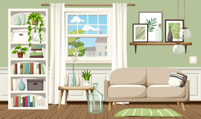Living room interior with green walls, a sofa, a white bookcase, a window, and houseplants. Cozy room interior design. Cartoon vector illustration