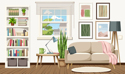 Living room interior with a sofa, a white bookcase, a window, pictures, and houseplants. Cozy room interior design. Cartoon vector illustration