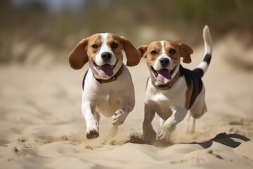 Two Energetic Beagle Puppies Enjoying a Beach Run