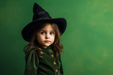 A girl dressed as a witch in a green dress with witches hat. Generative ai