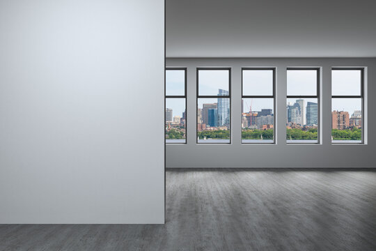 Panoramic picturesque city view of Boston at day time from modern empty room, Massachusetts. An intellectual and political center. Mockup copy space empty wall. Display concept. 3d rendering.