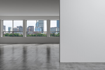 Panoramic picturesque city view of Boston at day time from modern empty room, Massachusetts. An intellectual and political center. Mockup copy space empty wall. Display concept. 3d rendering.