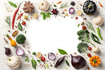 Fresh variety vegetables spices and herbs, blank Place for text on white background