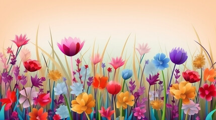 春のカラフルな花畑のイラスト　Generative AI