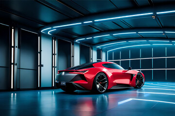 Obraz premium Exterior design of a futuristic garage with a sci-fi vibe and futuristic electric car featuring metallic walls, neon lighting, and cutting-edge technology to showcase modern sports car | Generative AI