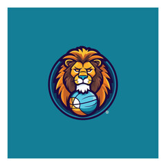 logo for sports shop with lion mascot carrying ball.