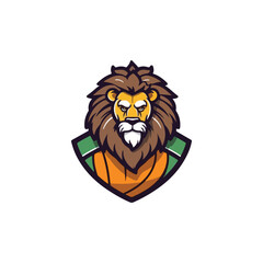 logo for sports shop with lion mascot carrying ball.