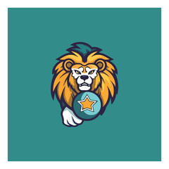 logo for sports shop with lion mascot carrying ball.