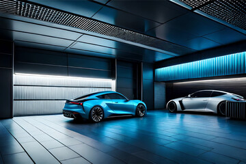 Plakat Exterior design of a futuristic garage with a sci-fi vibe and futuristic electric car featuring metallic walls, neon lighting, and cutting-edge technology to showcase modern sports car | Generative AI