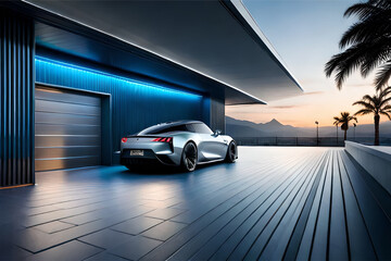 Exterior design of a futuristic garage with a sci-fi vibe and futuristic electric car featuring metallic walls, neon lighting, and cutting-edge technology to showcase modern sports car | Generative AI