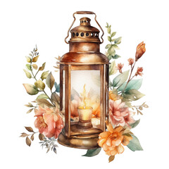 Antique Lantern with flowers watercolor illustration, created with Generative AI technology.