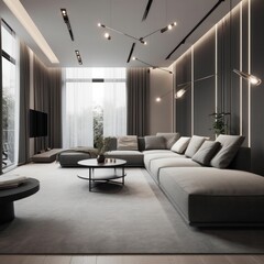 Naklejka na ściany i meble Living Room with Luxurious Furnishings, High Ceilings, and Warm Beige Hues