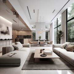 Living Room with Luxurious Furnishings, High Ceilings, and Warm Beige Hues