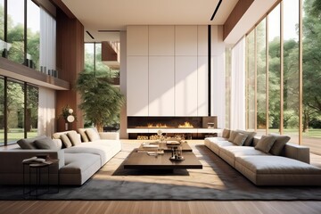 Fototapeta na wymiar Luxurious Living Room Showcasing Contemporary Design, Comfortable Furniture, fireplace and huge windows