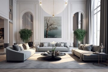 Contemporary Living Room with Expansive Windows, Elegant Furnishings, and Luxurious Finishes