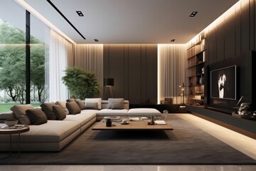Obraz na płótnie Canvas Sleek Designer Apartment Living Room with Contemporary Features and Elegant Loft-Style Atmosphere.