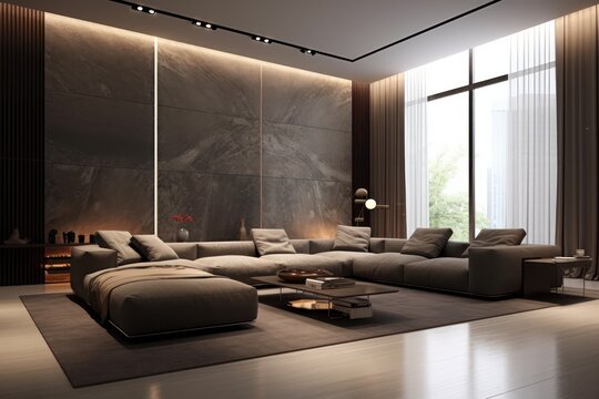 3D Rendered Spacious Living Room with Wide-Angle Perspective, Abundant Natural Light, and Modern Design Elements