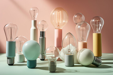 A collection of pastel-colored light bulbs arranged on a pastel background, representing the idea of creativity. Generative AI, AI.
