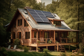 Solar photovoltaic panels on the roof modern house. Energy conservation concept. Alternative green energy. Gererated AI.