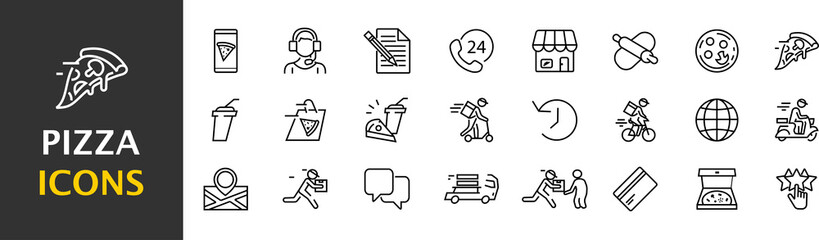 Collection of vector pizza delivery on white background. Set of simple icons in silhouette