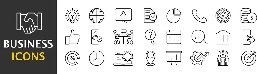 Set of outline icons about business process, finance. Collection of simple black symbols
