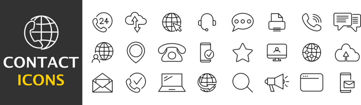 Collection of business, contact, location icons. Simple black symbols